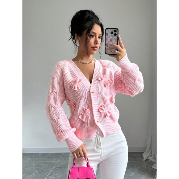 Women's Cropped Knit Cardigan Pink Large Button Open Front Cozy Sweater - Picture 8 of 8
